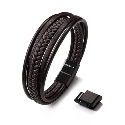 SERASAR 19cm Marrone Braccialetto Uomo Cuoio Aggiustabile Regolabile Magnetico Inox Bracciali Braccialetti Perline Bigiotteria Bracialetto Cinturino Braciale Bambino Bracelet Corda Nere Accessori