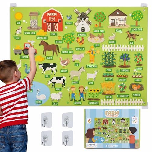BONNYCO Lavagna di Feltro con 92 Figure di Animali della Fattoria. Giochi Montessori e Regalo Compleanno Bambini dai 3-8 Anni. Pannello Sensoriale per Autismo, Giocattoli Educativi
