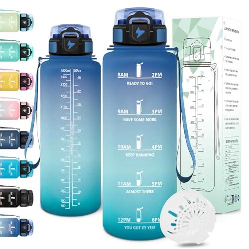 Motswedi Borraccia 1,5 litri, a Prova di Perdite, Borraccia Motivazionale, Riutilizzabile, Bottiglia Acqua, Senza BPA, Borracce, per Palestra, Ufficio, Sport, Ciclismo, Running, Blu Verde