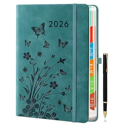 2026 Agenda giorno per giorno,A5 pagina di agenda da gennaio a dicembre,agenda giornaliera e mensile con schede mensili colorate,design floreale,elastico,2 segnalibri,tasca interna,verde acqua.