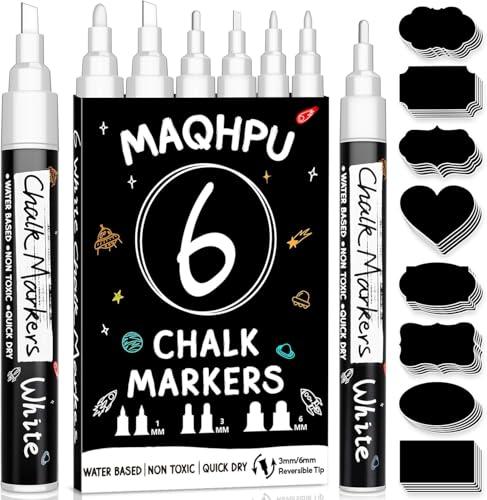 Maqhpu Pennarelli Gesso Liquido Cancellabili, 6 Pennarello Bianco e 45Pcs Adesivi Etichette per Lavagna & Vetro, Pennarello Lavagna Cancellabili per Vetro e Barattoli di Spezie(1mm, 3mm, 6mm)