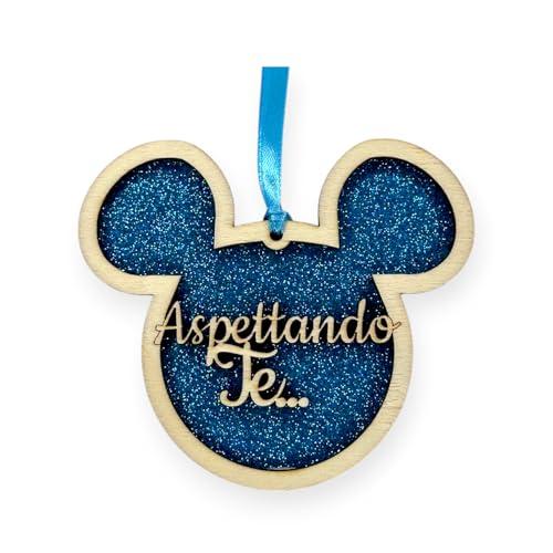 WHITE COMET Pallina in legno Topolino e Topolina, con Eva Glitter, Bimbo o Bimba - ASPETTANDO TE, Idea MADE IN ITALY da Appendere all'Albero di Natale (Azzurro)