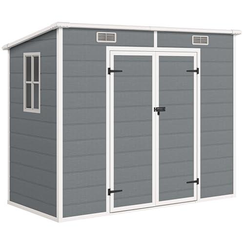 Outsunny Casetta da Giardino Porta Attrezzi in Finitura Effetto Legno Graffiato con Pavimento, 2.54m² Capanno da Giardino con Doppia Porte e Serratura, Tetto Inclinato, 238x125x183cm, Grigio