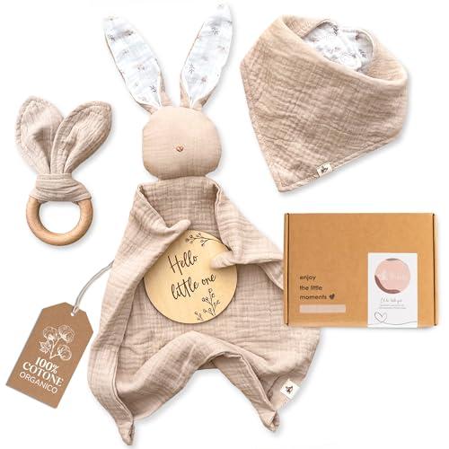 Mikito Set Neonato, Accessori Utili in Cotone Naturale Bio Mussola con Doudou neonato, Massaggia Gengive, Bavaglino neonato. Unisex, per baby shower, neo genitori