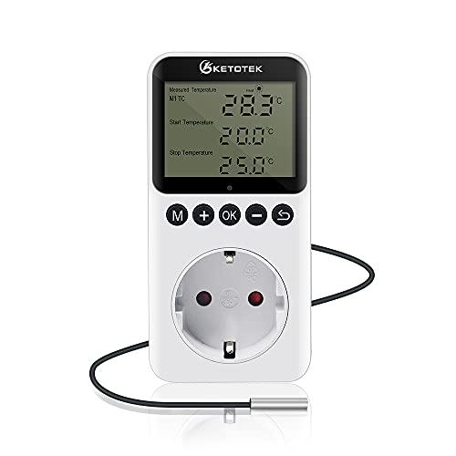 KETOTEK Presa Termostato Temporizador Giorno Notte Regolatore di Temperatura con Timer, Digitale Spina Termoregolatore con Sonda 220V Rettili Terrario Serra Incubatrice