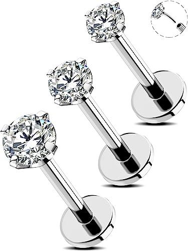 OUFER Piercing da naso da 18 G per narice 3 pezzi con retro piatto a forma di conchiglia trago elice gioielli senza filettatura in acciaio chirurgico piercing per labbro cartilagine CZ 8 mm