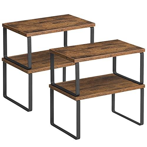 SONGMICS Organizzatori da Cucina, Set di 4 Scaffali da Banco, Portaoggetti per Armadietto, Impilabile, Espandibile, Metallo e Legno Ingegnerizzato, Nero Inchiostro e Marrone Vintage KCS021X01