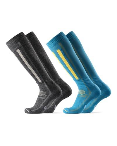 DANISH ENDURANCE Calze da Sci in Lana Merino, Termiche, Tecniche e Traspiranti, Uomo e Donna, 2 Paia, Multicolore (1 x Grigio Scuro, 1 x Blu/Giallo), 43-47