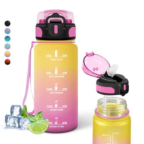 Borraccia, 500ml Borraccia Bambini, Borraccia con Cannuccia Senza Perdite, Borraccia Motivazionale con Scala Temporale, Facile da Pulire, Borraccia per Bere di Piu, per Scuole, Viaggio, Campeggio