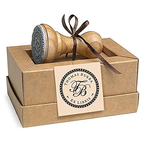 Timbro Iniziali Personalizzabile Ex libris, Monogramma 2 Lettere Bordo Tratteggiato, Fatto a Mano Regali Amanti Libri in Scatole Regalo