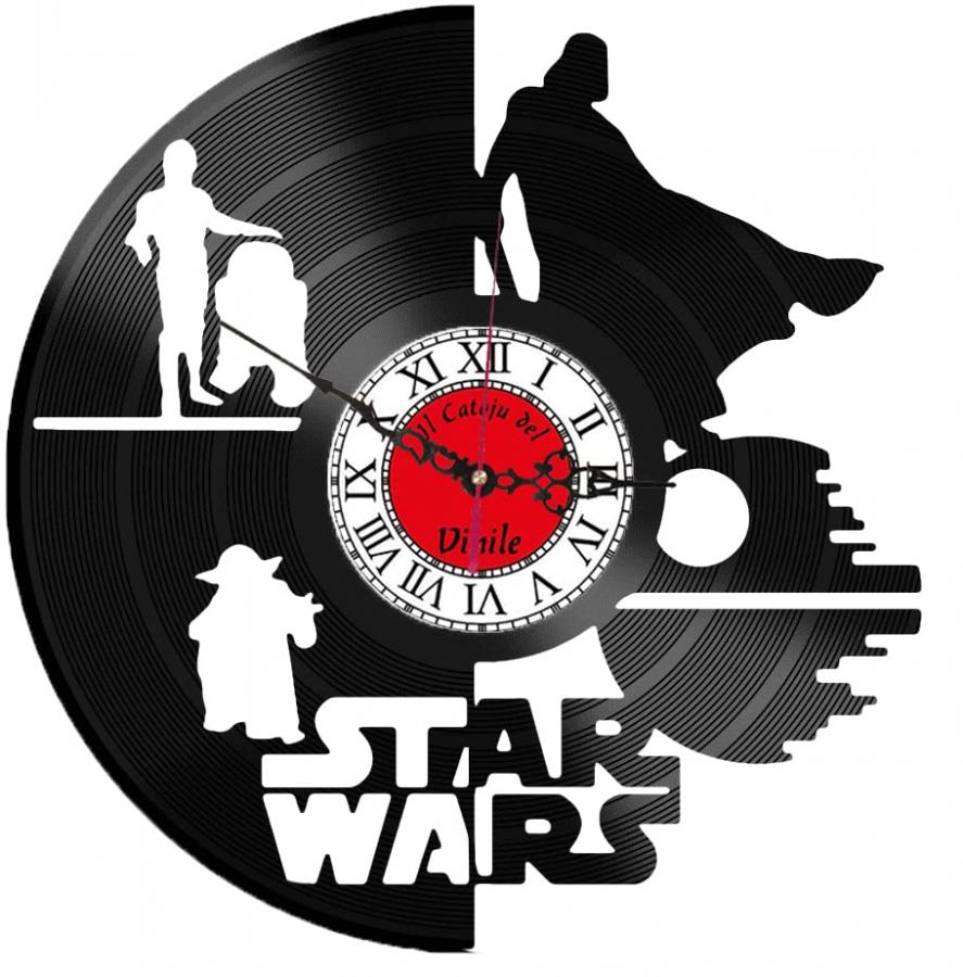 Orologio da Parete in Vinile, idea regalo per gli amanti della serie star wars (3.0), ideale per gli amanti delle guerre stellari (Logo Rosso, Barocco Nero)