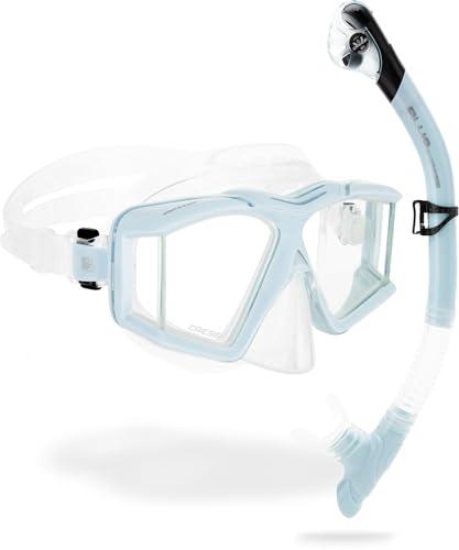 Cressi Horizion+Scilla Combo Clear/Ice Cyan - Set Maschera Horizon 4 Vetri Temperati Separati e Snorkel Scilla Top Dry Valve System per Immersioni e Snorkeling, Trasparente/Azzurro Ghiaccio, Unisex