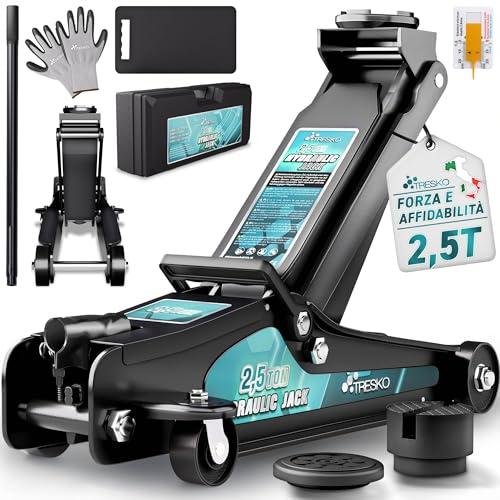 TRESKO Cric idraulico 2,5T altezza di sollevamento 85-385 mm con valigetta | Cric idraulico auto piatto per auto - Ruote a 360° con 2 cuscinetti in gomma, tappetino per ginocchia, guanti, coltello