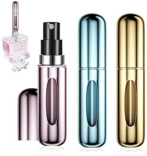 ETISEN, 3 Pezzi 5ml Atomizzatore di Profumo, Ricaricabile Spruzzino Profumo, Mini bottiglia spray portatile, Spruzzatore per bottiglie di profumo con finestra, Buono per viaggi (Blu, oro, rosa)