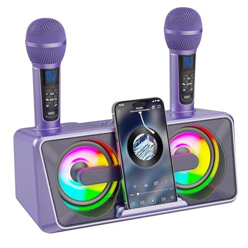Casse Karaoke Portatile, adulti e bambini con 2 microfoni wireless UHF, altoparlanti Bluetooth portatili con sistema PA con luci da discoteca, Ideale per Karaoke Domes (Viola)