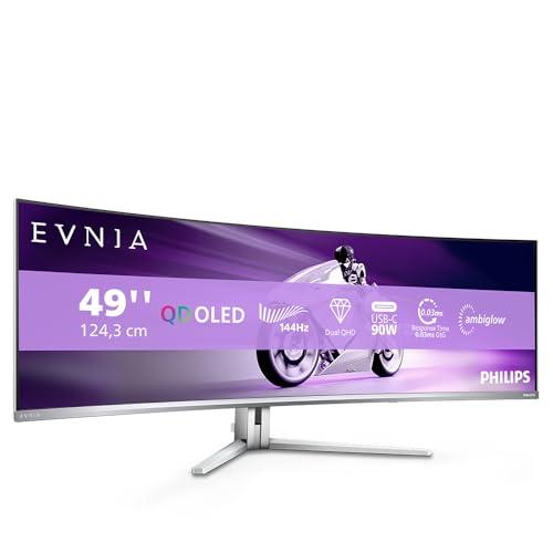 Philips Evnia 49M2C8900L - Monitor da gioco curvo OLED DQHD da 49 pollici, 144 Hertz, 0,03 ms GtG, HDR400, Ambiglow, FreeSync Prem. Pro (5120x1440, HDMI 2.1, DisplayPort 1.4, USB-C, Hub USB) Bianco