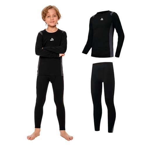 AMZSPORT Biancheria Intima Termica per Bambini, Set Intimo a Manica Lunga per Ragazzi, Comfort e Traspirabilità per lo Sci, il Calcio e gli Sport Invernali, Nero XL