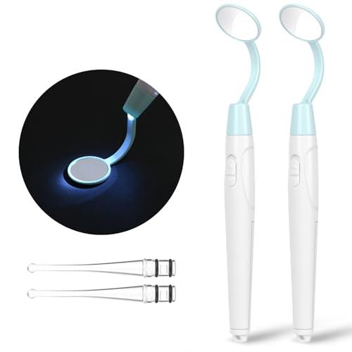 Flintronic Specchietti Orali Dentali, 2 Pezzi Specchio Dentale con Luce LED Luminosa con Pulitore Orecchie, 2 Modalità Luce LED, per Dentista di Ispezione dei Denti, Cura Orale Della Bocca- Blu