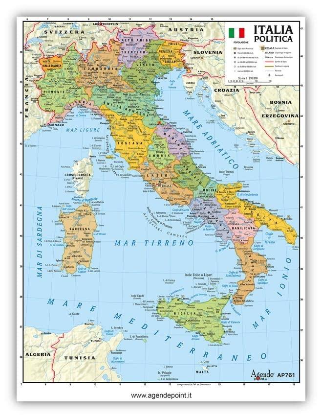 Agendepoint.it - Cartina Italia Geografica A4 Fisica Politica 21x30cm Plastificata Lucida Per Uso Scolastico