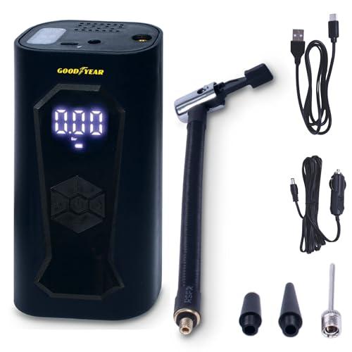 GoodYear Compressore Portatile Ricaricabile Wireless 6000 mAh, 5 in 1: Gonfiaggio, Sgonfiaggio, Misurazione Pressione, Power Bank, Torcia a 6 LED, Accessori Inclusi, Presa Accendisigari