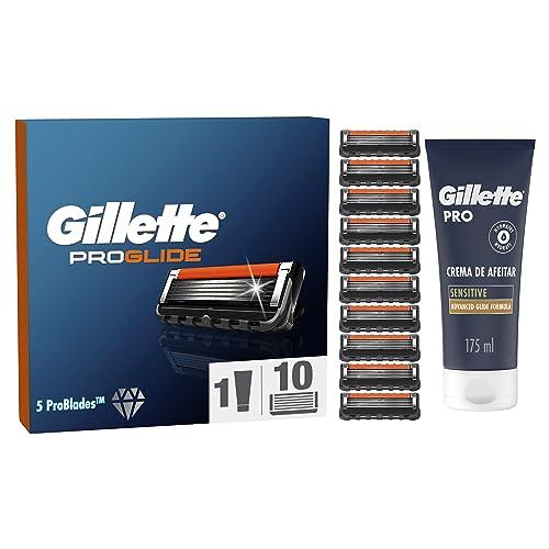 Gillette ProGlide, LAMETTE DI RICAMBIO Per Rasoio Barba, 10 LAMETTE Con LUBRASTRIP + CREMA DA BARBA Per Pelli Sensibili, Gillette PRO Da 175 ml, IDEA REGALO UOMO
