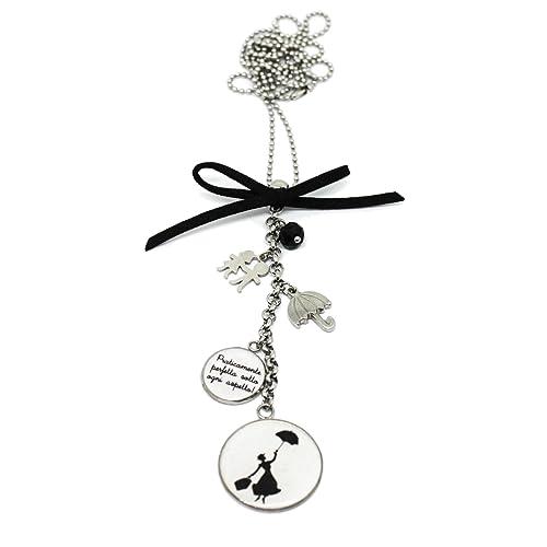 Collana lunga catena acciaio sagoma di Mary Poppins con fiocco e charms