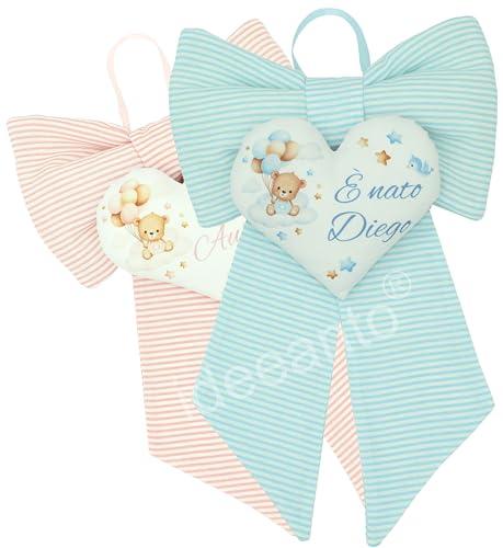 Fiocco nascita bambino o bambina personalizzatocon nome e frase, lavorato a mano in Italia, rosa o azzurro