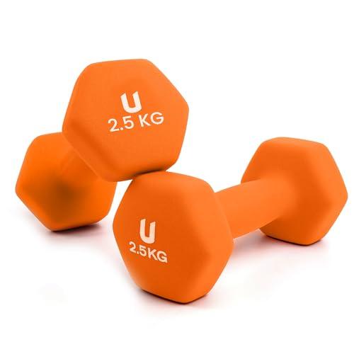 unycos - Set di 2 Manubri Antiscivolo in Neoprene, Coppia di Pesi Esagonale da 2,5 kg per Uomini/Donne, Nucleo in Ghisa, Allenamento della Forza, Fitness, Palestra in Casa (Arancione)