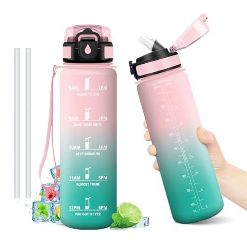 Borraccia 1L, Borraccie con Cannuccia, Borraccia Palestra con Indicatore del Tempo, Bottiglia Acqua Riutilizzabile, senza BPA, A Prova di Perdite, Bottiglia Sport per Campeggio, Studenti, Ufficio