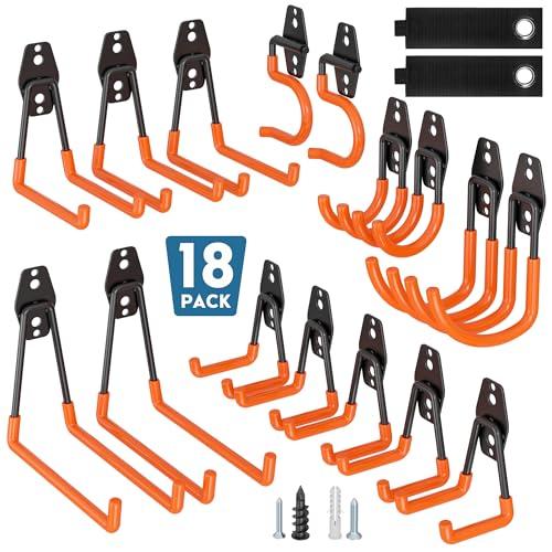 BONTEC Set da 18 ganci da parete arancioni per garage, capacità fino a 502 kg (su legno/forati), acciaio antiscivolo, multiuso per bici, attrezzi, scale, pannello porta attrezzi, design salvaspazio