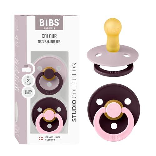 BIBS Colour Studio Ciuccio confezione da 2 pezzi. Privo di BPA, Tettarella tonda. Lattice di gomma naturale, Prodotto in Danimarca, Taglia 2 (6-18 mesi) - Dusky Lilac/Plum
