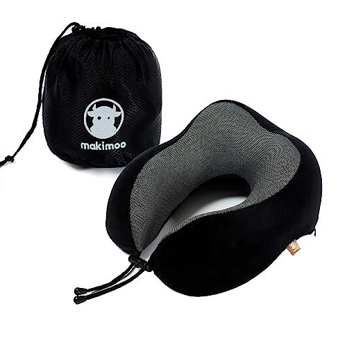 Makimoo Cuscino da viaggio in memory foam, cuscino per il collo con supporto per la testa a 360 gradi, comodo e leggero, ideale per dormire in aereo, auto, treno, autobus e uso domestico, Nero