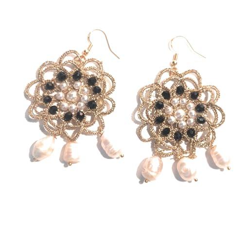 Orecchini chiacchierino uncinetto crochet colore oro con pietre e perle