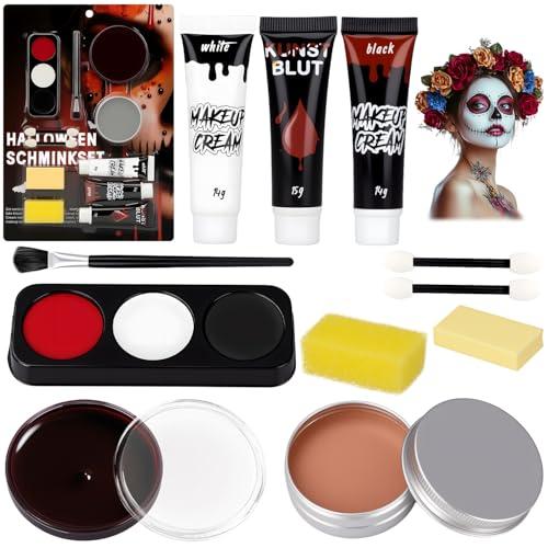 Trucchi Halloween Bambini Adulti - Trucco Viso Halloween Make Up Donna per Carnevale Feste joker SFX Vampiro, Sangue Finto + 3 Colori Tavolozza Face Paint + Body Painting + Cera Cicatrici