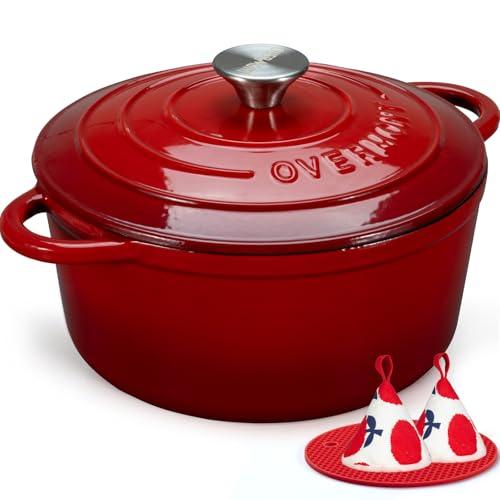 Overmont Casseruola in Ghisa Smaltata - Antiaderente Forno Olandese con Coperchio - Ø26 CM Rotonda Cocotte per Adatto a Piani di Cottura e Forni a Induzione - Rosso