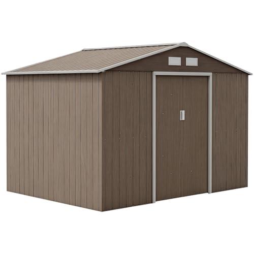 Outsunny Casetta da Giardino 4.9m² con 4 Prese d'Aria e 2 Porte Scorrevoli, Capanno Porta Attrezzi in Lamiera d'Acciaio, 277x195x192 cm, Marrone Chiaro