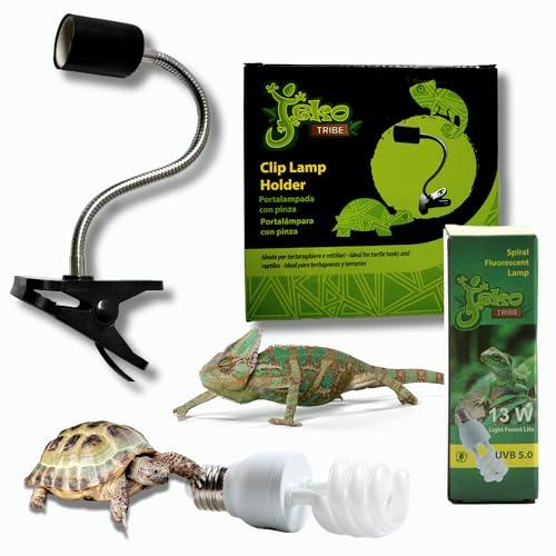 Lampada UVB rettili 13 W 5.0 + Portalampada Con Pinza e Interruttore kit Completo Per Tartarughe da terra e Piccoli Animali Lucertole Iguana Camaleonti Pogone Varani ecc..Pet Tribe