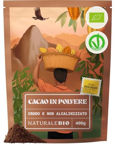 NaturaleBio Cacao Biologico in Polvere 400g. Naturale e Puro da Fave Crude. Non Zuccherato. Prodotto dalla pianta Theobroma Cacao. Lavorato a Basse Temperature. Testato per Metalli Pesanti