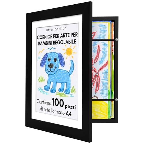 Americanflat Cornice Porta Disegni per Bambini (Nero) - Cornice A4 con Passepartout e 25x32 cm Senza Passepartout - Cornice Apribile per Disegni Bambini con Vetro Infrangibile