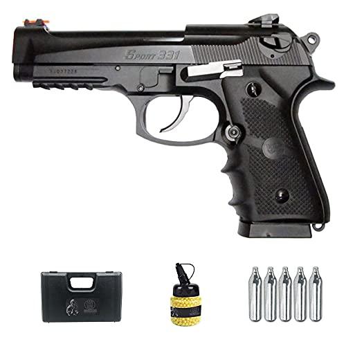 Pistola Sport 331 wg CO2 (6MM) | Arma corta semiautomatica di tipo Beretta B92 SPA 92 (potenza: 1 joule) + valigetta in PVC + bottiglia + bombole (plastica 6mm)