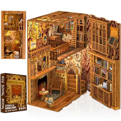 Cutefun Book Nook Model Kit - DIY Case delle bambole - Reggilibri Scaffale Inserto Decorazione con Luce LED, Kit di Costruzione di Modellini in Legno per (Eternal Bookstore)