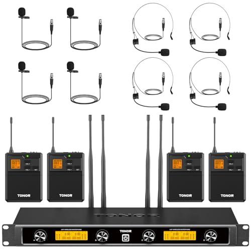 TONOR UHF Sistema Microfonico Wireless con Microfoni Headset/Lavalier e Bodypack, Ricevitore Ricaricabile, 4x5 canali, Portata 90 m, per Registrazione di Discorsi Speaker Chiesa Feste Mixer