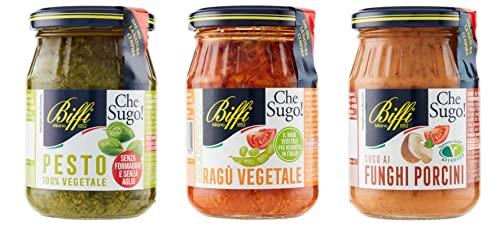 Biffi - Mix di 3 Sughi 100% Vegetale: Ragù Vegetale 190g, Sugo ai Funghi Porcini 190g, Pesto 100% Vegetale, senza Formaggio 190g