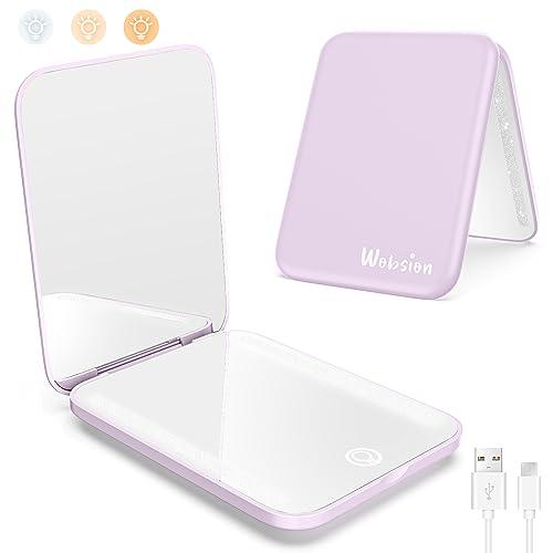 WOBSION Specchio Portatile con Luce LED per Viaggio,Pieghevole Specchietto da Borsetta di Ricaricabile USB,1x/3x Ingranditore Mirror per Trucco con Regolabile Luminosità,a Regalo,Viola