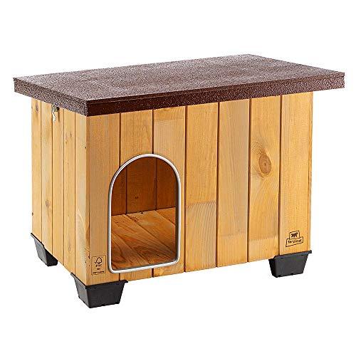 Ferplast Baita 60 Casetta per Cani in Legno FSC - Tetto Apribile, Impermeabile & Anti-UV - Spiovente, con Chiusura - Porta Antimorso in Alluminio - Piedi Isolanti - 67 x 53 x h 55,5 cm