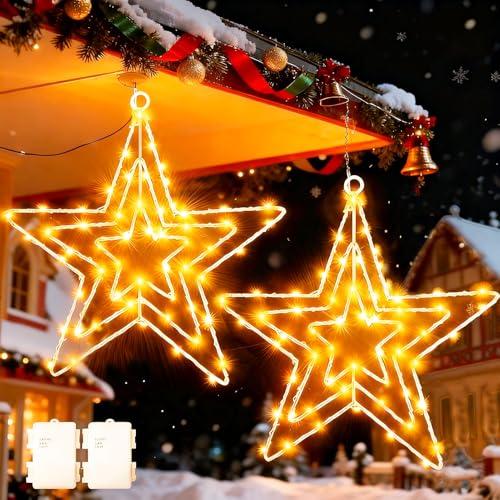Cozymeow Grande in Metallo Decorazioni Natalizie per Esterno 2 Pezzi 75 LED Alimentazione a Batteria Stella Luminosa LED Esterno, Luci per Finestre Natale con Timer, Sospese per Stella di Natale