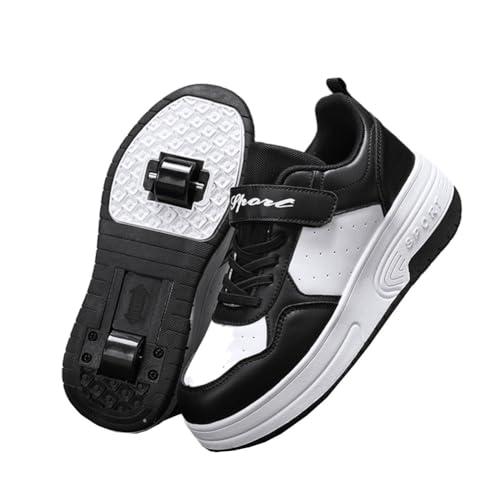 ENEN Scarpe con Ruote 2 in 1 per Ragazzi e Ragazze - Ginnastica All'aperto, Roller con 2 Ruote per Bambini - Nero/Bianco, 35 EU