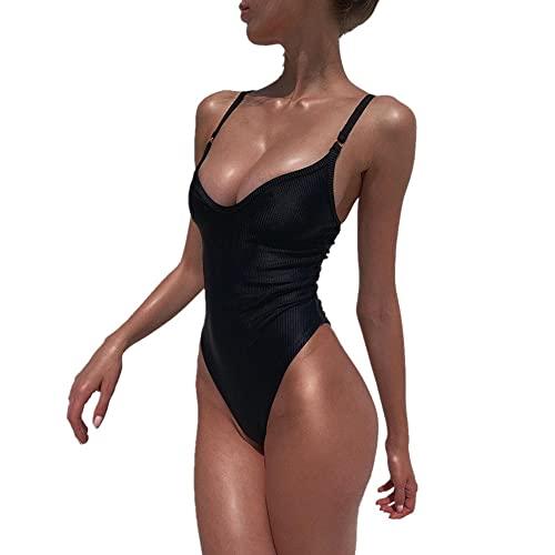 BKEPDY Costume Intero Donna Sexy Costume Intero con Controllo della Pancia Costumi da Bagno Donna con Scollo a V Profondo con Spalline Regolabili Senza Schienale Bodysuit Nuoto (Nero S)