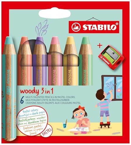 STABILO woody 3 in 1 - Matita colorata Multi-Funzione - Astuccio da 6 - con Temperino - Colori Pastello assortiti