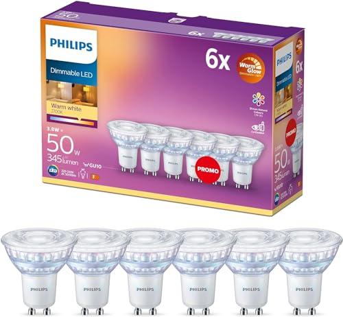 Philips LED Faretto 6 pz, Equivalente a 50W, Attacco GU10, Luce Bianca Calda, Dimmerabile